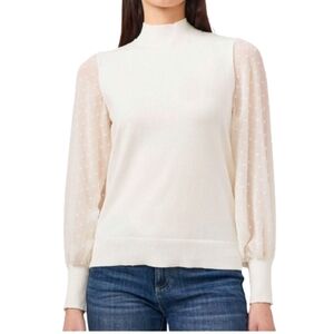 NWT Vince Camuto Clip Dot Sheer Sleeve Pullover Antique White Sweater Size XL